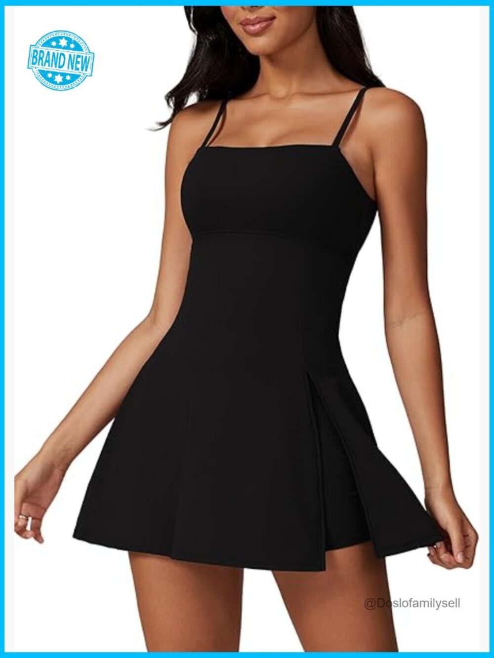 Square Neck Tennis Dress with Shorts Spaghetti Strap Backless Side Slit
